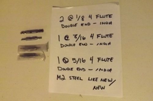 LOT OF 4 LIKE NEW M2 STEEL ENDMILLS USA 1/8 3/16 5/16 DOUBLE ENDED 4 FLUTE