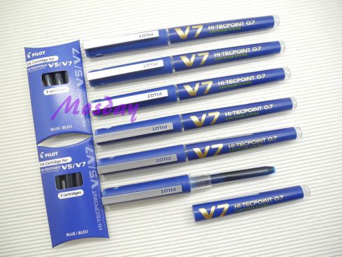 6pcs Pilot Hi-Tecpoint V7 Cartridge System RollerBall Pen+Refill 6+6, BLUE