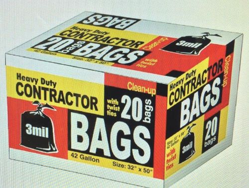 Contractor Bags Heavy Duty 20 Bags 42 Gallon 32&#034; X 50&#034; For Debris  Cleanup