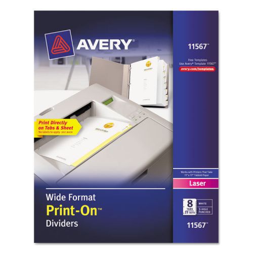 Print-on dividers, 8-tab, 3-hole punched, wide format, ltr, white, 25 sets/pack for sale