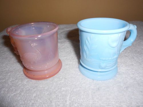 Two Glass childerns mugs, cup teddy bear kitten cat pattern children art