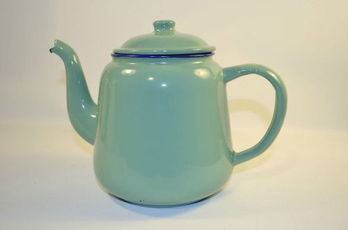 Vintage Peacock Enamelware Coffee Tea Pot Green  Blue Trim