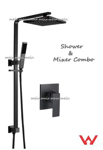 Matt Black Shower Column Combination Rail Set With Mixer &amp; 200mm Shower Head