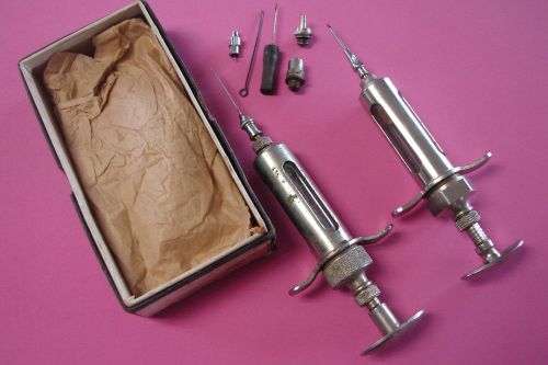 2 Antique Becton,Dickson 10cc Veterinary Syringe Needles Vet Set Stainless Glass