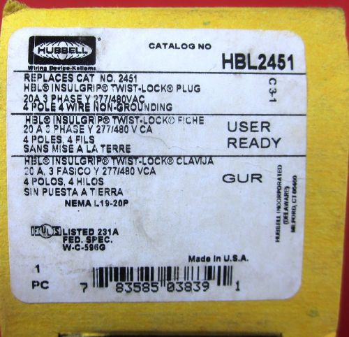Hubbell HBL2451 277/480 twist lock plug Nema L19-20P