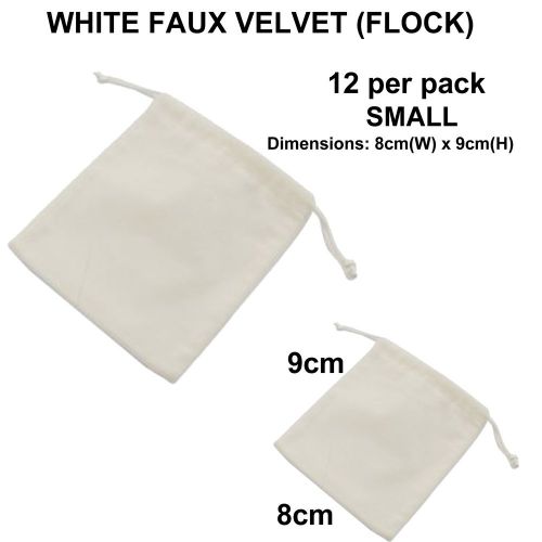 Pack of 12 WHITE SML Velvet Jewellery Drawstring Gift Bag Pouches Flock 9 x 8cms
