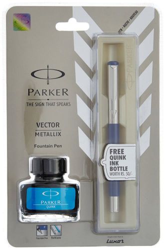 Parker Vector Mettalix Fountain Pen (Blue) with Quink Ink Bottle