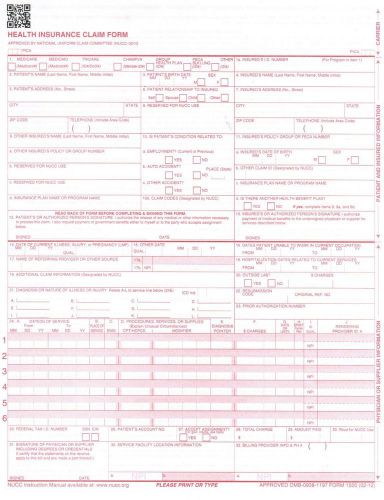 NEW HCFA CMS 1500 HEALTH INSURANCE CLAIM FORMS 100 SHEETS FORMS VERSION-02/12