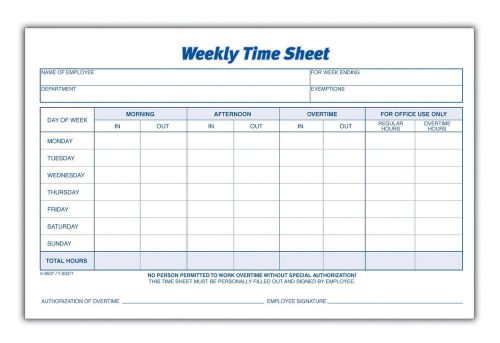 Adams time sheet 9 x 5.5 inch weekly format 2-part carbonless 100-pack white ... for sale