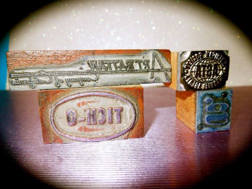 Vintage Lot 4 Wood Metal Printing Advertising Block Stamps