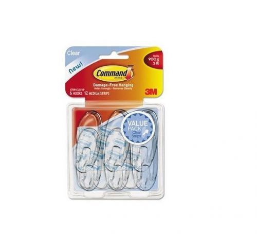 Command Clear Hooks &amp; Strips Plastic Medium 6Hooks &amp; 12Strips Pack - New Item