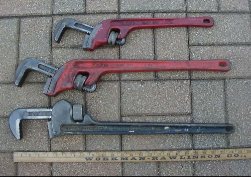 Old Used Tools, 3 Ridgid Heavy Duty Pipe Wrenches,24&#034;,E18 &amp; E24 Angled Jaw,Exc.
