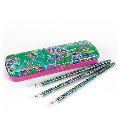 Vera Bradley Pencil Set With Tin in Emerald Paisley