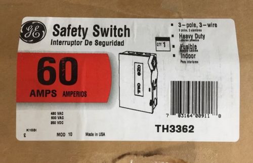 Ge th3362 3 pole 600 volt 60 amp fused nema 1 disconnect new for sale