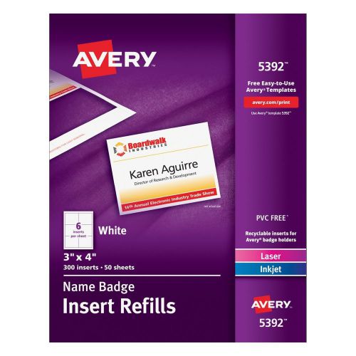 Avery White 3 x 4 Inch Name Badge Insert Refills 300 Count (5392) 1-Pack