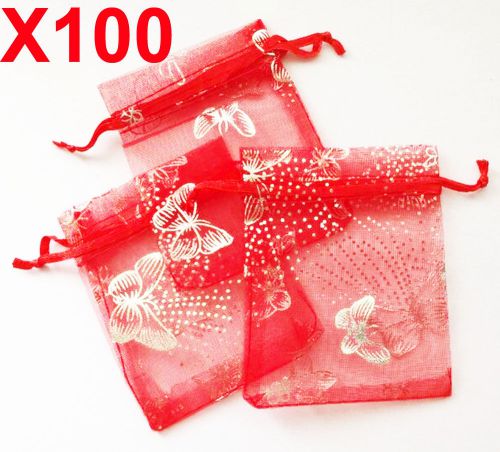 X100 MEDIUM red butterfly organza gift candy bags jewellery favour pouches wrap