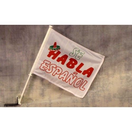2 se habla espanol car flags 12x15x16-1/2&#034; window roll up banners / pole (two) for sale