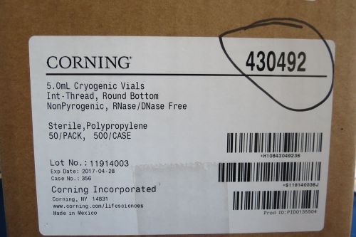 Case/500 Corning 5.0mL Cryogenic Vial PP Round Bottom w/Screw Cap # 430492