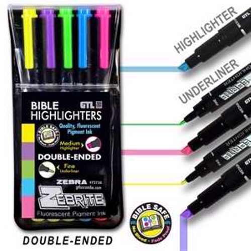 Set of 5 Zebrite Double Ended Book or Bible Highlighters or Underlining 12724x