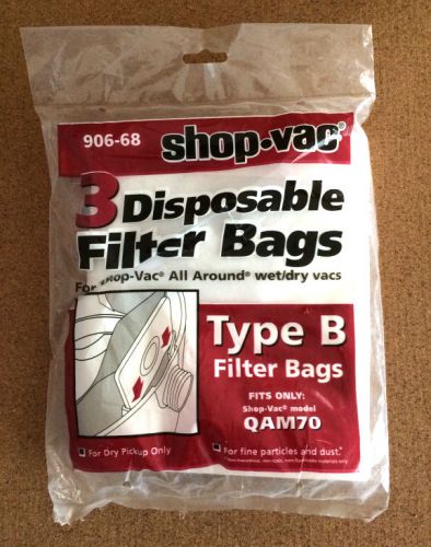Shop Vac #906-68 Type B Disposable Filter Bags 3 Pack Fits QAM70 New Sealed k