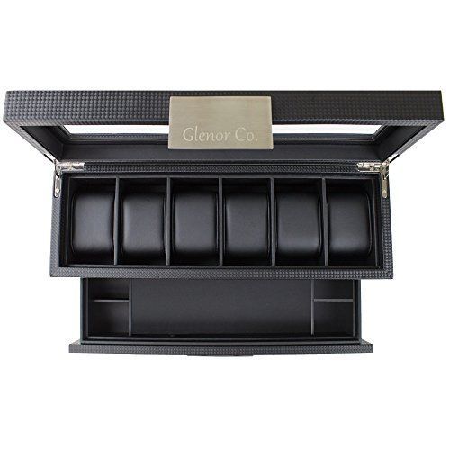 Watch Box with Valet Drawer for Men - 6 Slot Luxury Watch Case Display Organi...