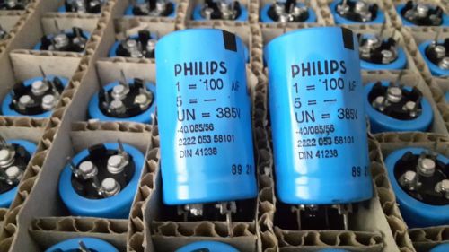 100uF  385V  Qty2  Philips   electrolytic capacitors 2222 05358101  NOS 25x40 mm