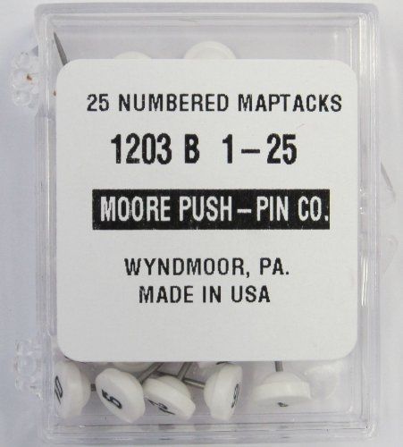Moore Push-Pin 1203-B-1-25 Numbered Map Tacks, White, 25 Tacks per Pack