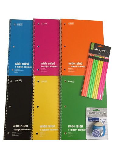 1 Subject Spiral Notebooks Wide Rule (6 Pack), Neon Colored Pencils And 2 Hol...