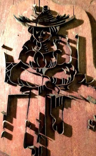 VINTAGE METAL ON WOOD  CARVED TEXTILE FABRIC PRINTER BLOCK STAMP  19x12&#034;