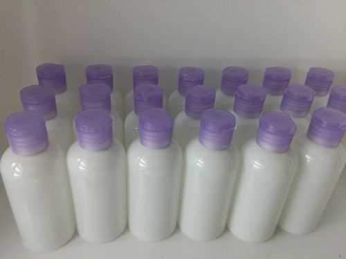 White 3oz PET Bottles with Purple Flip top lids 50 travel size lotion bottles