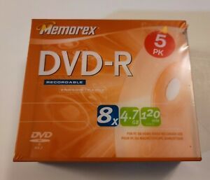 Memorex 5 Pack DVD-R Blank Discs 8x 4.7GB 120min Brand New Sealed