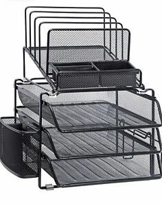 4 Tier Desk Organizer Divided Trays File Holder Black Mesh Office Stacked Metal