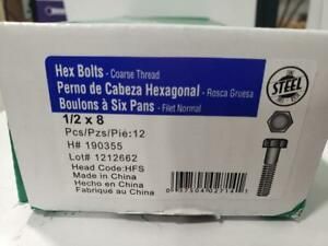 BOX OF 12 COARSE THREAD HEX BOLTS 1/2 x 8&#034; HILLMAN #190355
