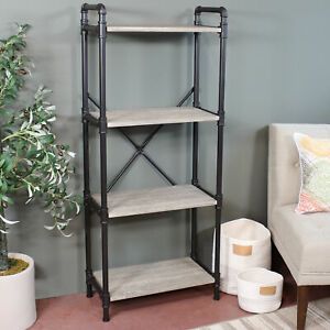 Sunnydaze 4-Tier Black Pipe Bookshelf - Wood Veneer Shelves - Oak Gray