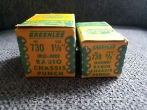 2 Vintage Greenlee No. 730 1 1/8&#034; &amp; 5/8&#034; round radio chassis punch with boxes