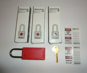 3 MASTER LOCK 411RED SAFETY LOCKOUT/TAGOUT PADLOCK WITH KEY AND STICKER - NEW