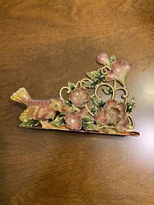 Jeweled Bird Vintage Enameled And Stone Pewter Business Card Holder Stand