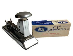 Vintage ACE PILOT No 402 Desk Stapler Chrome &amp; Box of No. 400 Staples c1950s/60s