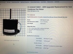 YORK CONDENSER FAN MOTOR MODEL# S1-02424110001, 208/230 VOLT, RPM 1090 ROTATION 