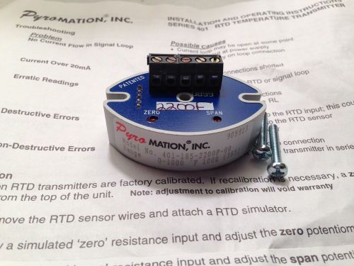 New pyromation 401-185-2200f-00, 0-1000f rtd temperature transmitter for sale