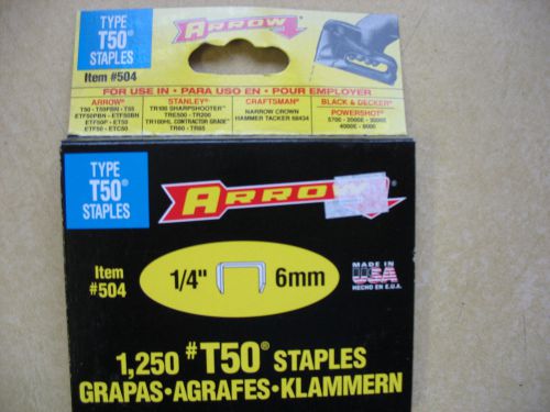 NEW ARROW T50 # 504 STAPLES  1/4&#034; 1,250 PC  FREE SHIPPING
