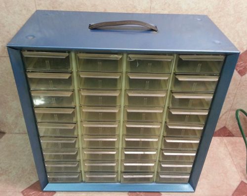 Vintage Akro Mils Blue Metal Storage Bin File w 36 Plastic Drawer Wall Mountable