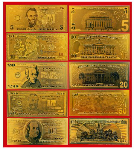 Gold us banknote set- $5 $10 $20 $ 50 $100 99.999 pure mint dollar bill 24k nnfo for sale