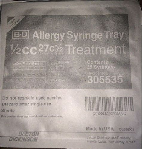 BD PrecisionGlide Allergy Syringe 27G,  1/2&#034; L, 1/2mL Volume REF 305535 5 Pks/25