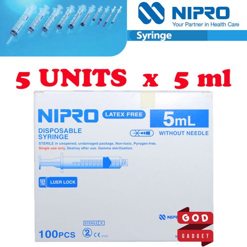 5 x 5ml cc nipro syringe luer lock tip hypodermic sterile latex free no needle for sale