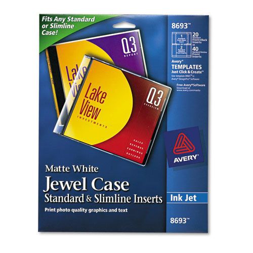 Avery Inkjet CD/DVD Jewel Case Inserts, Matte White, 20/Pack, PK AVE8693