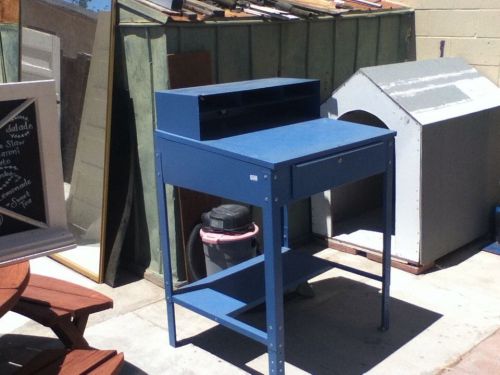 1 blue industrial desk with tool compartments