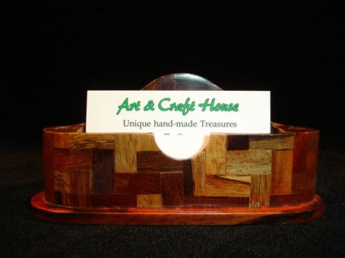 NEW Hand Carved Wood Art Card Holder UNIQUE Checked Pattern Home Office Decor