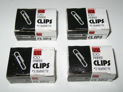 Lot of 4 acco brands acc72320 #3  silverette paper clips, 100 / box, 4 boxes for sale