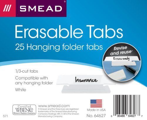 Smead 64627 White Erasable Hanging Folder Tab - Write-on - 25 / Pack - White Tab